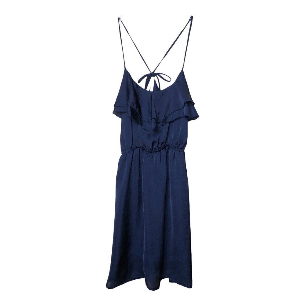 Event DRESS - Silky Navy Blue Spaghetti Strap Ruffle Top Midi Dress - Size Small